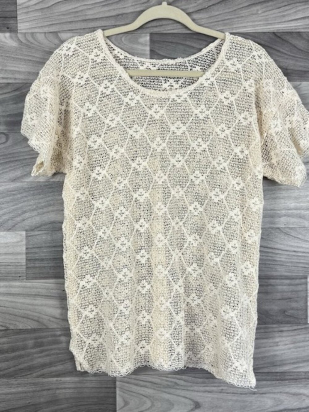 Crochet Top Womens L Beige Lace Knitted Shirt See Through Hollow Out Cottagecore